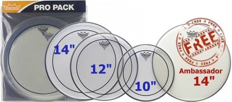 Remo PP-0110-PS Clear Pinstripe Fusion Pro Pack 10",12",14" w/ Bonus 14" Coated Ambassador Drum Head Skin