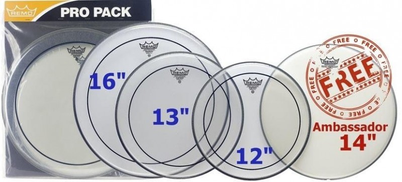 Remo PP-0320-PS Clear Pinstripe Rock Pro Pack 12",13",16" w/ Bonus 14" Coated Ambassador Drum Head Skin