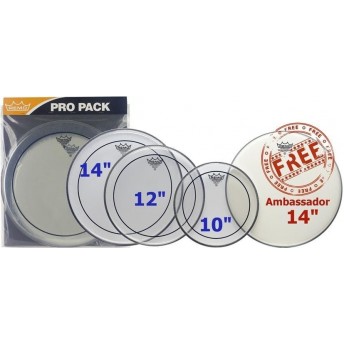 Remo PP-0110-PS Clear Pinstripe Fusion Pro Pack 10",12",14" w/ Bonus 14" Coated Ambassador Drum Head Skin