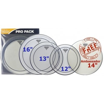 Remo PP-0320-PS Clear Pinstripe Rock Pro Pack 12",13",16" w/ Bonus 14" Coated Ambassador Drum Head Skin