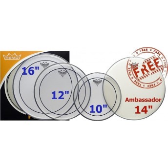 Remo PP-1870-PS Clear Pinstripe Fusion+ Pro Pack 10",12",16" w/ Bonus 14" Coated Ambassador Drum Head Skin